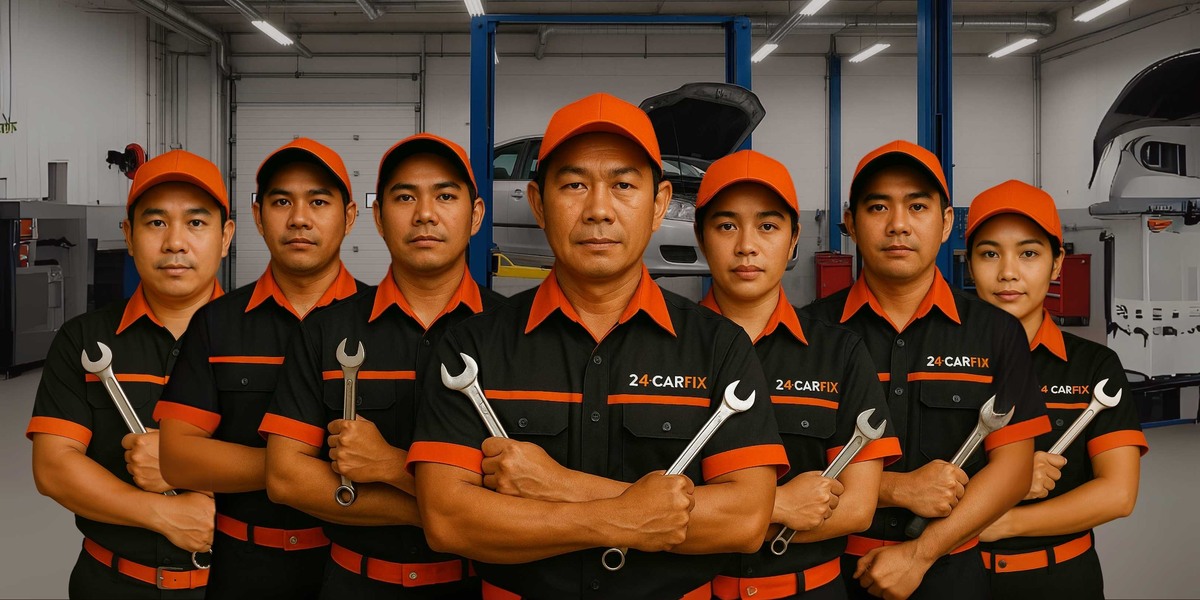 ทีมช่างซ่อมรถยนต์มืออาชีพ 24CarFix ในยูนิฟอร์มสีส้ม พร้อมเครื่องมือช่าง ณ อู่ซ่อมรถสมัยใหม่